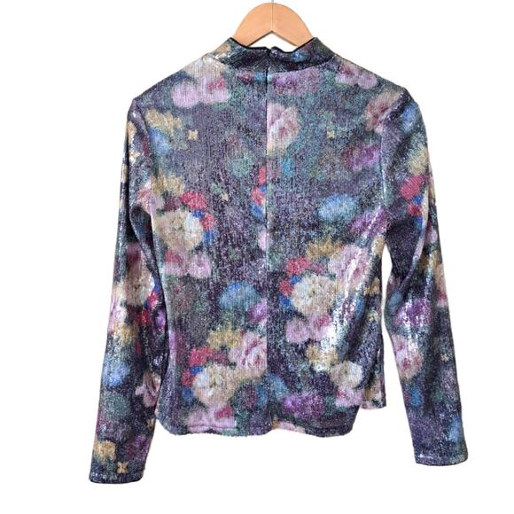 NICOLE MILLER Floral Sequin Mock Neck Long Sleeve Shimmer Top - Picture 6 of 7